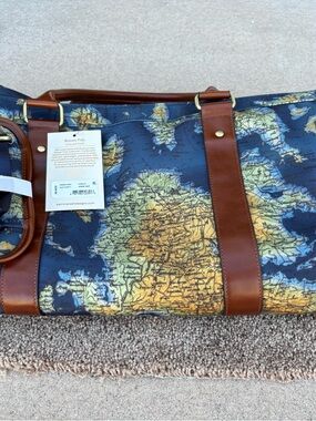 NWT Map Print Canvas Weekender Bag with Brown Leather Trim